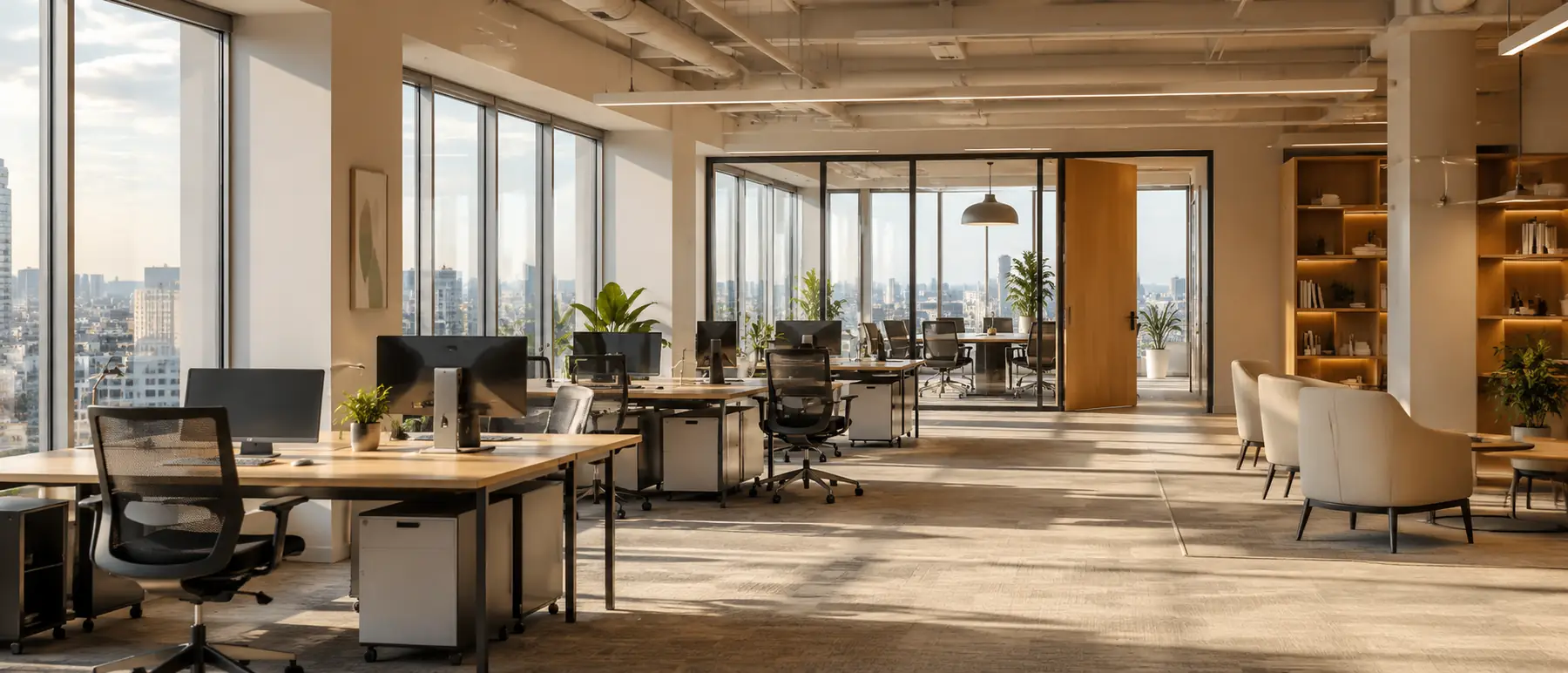 Bright modern open office with soft morning light