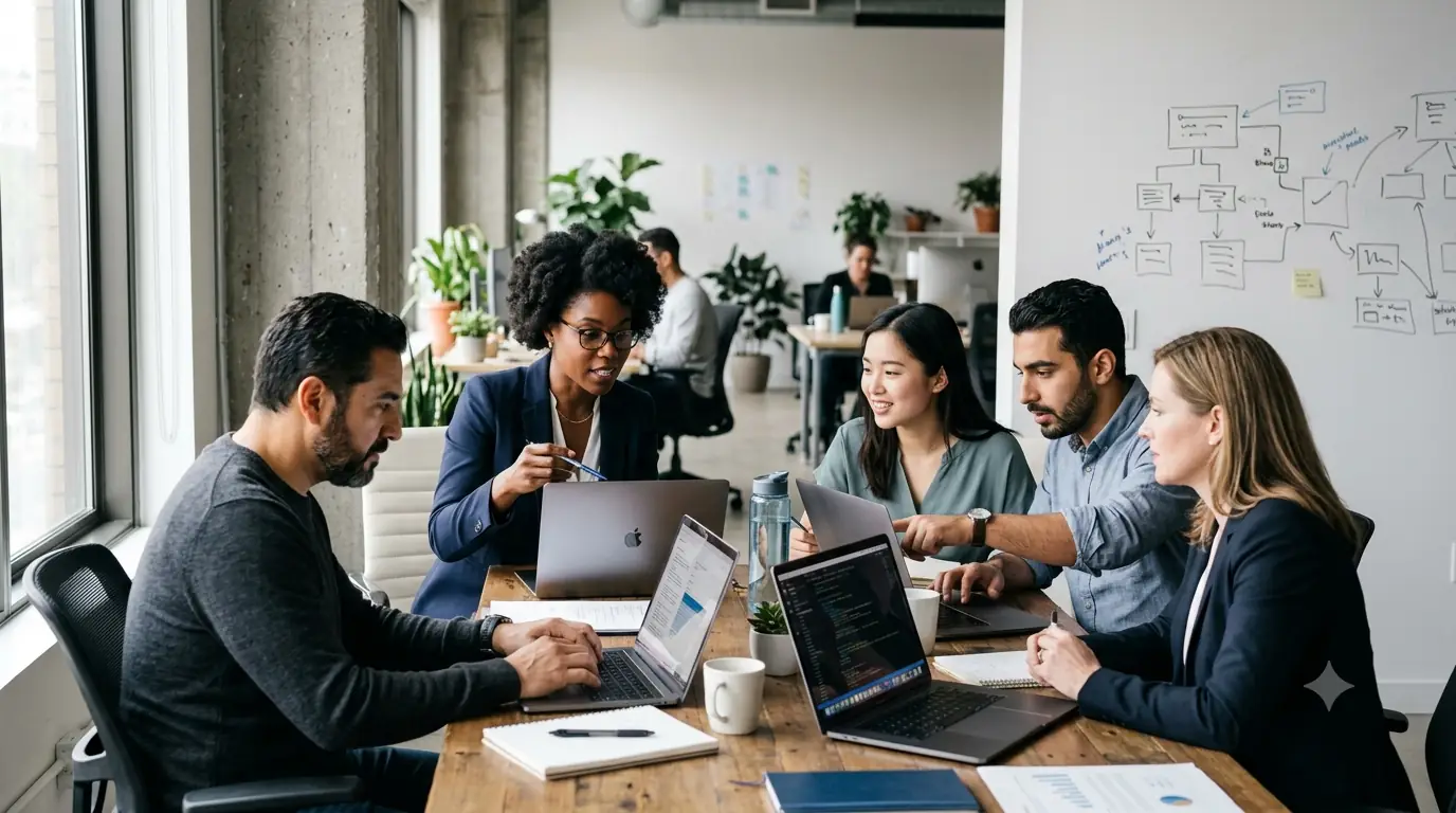 Cross-functional team collaborating around laptops in a modern workspace